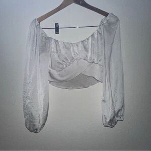 White Ruched Long Sleeve Crop Blouse